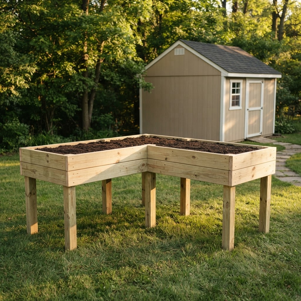 Custom L-shaped elevated garden bed build on tall legs beside a backyard shed